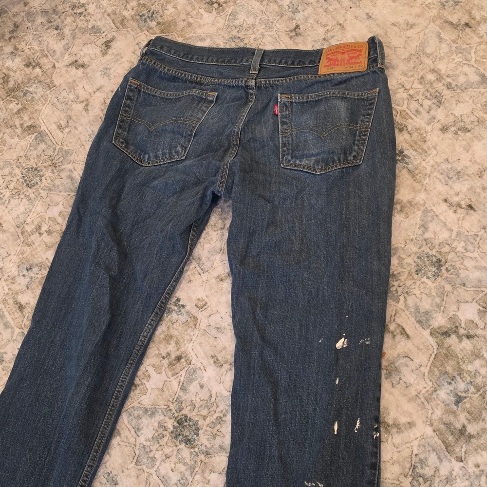 Levis 514 Straight Fit Jeans Mens 34x32 Medium Wash Blue Distressed Paint Splat